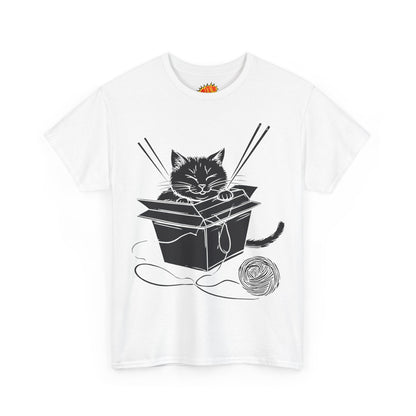 Black Cat w/Box + Yarn Ball Art Drawing Tee Shirt