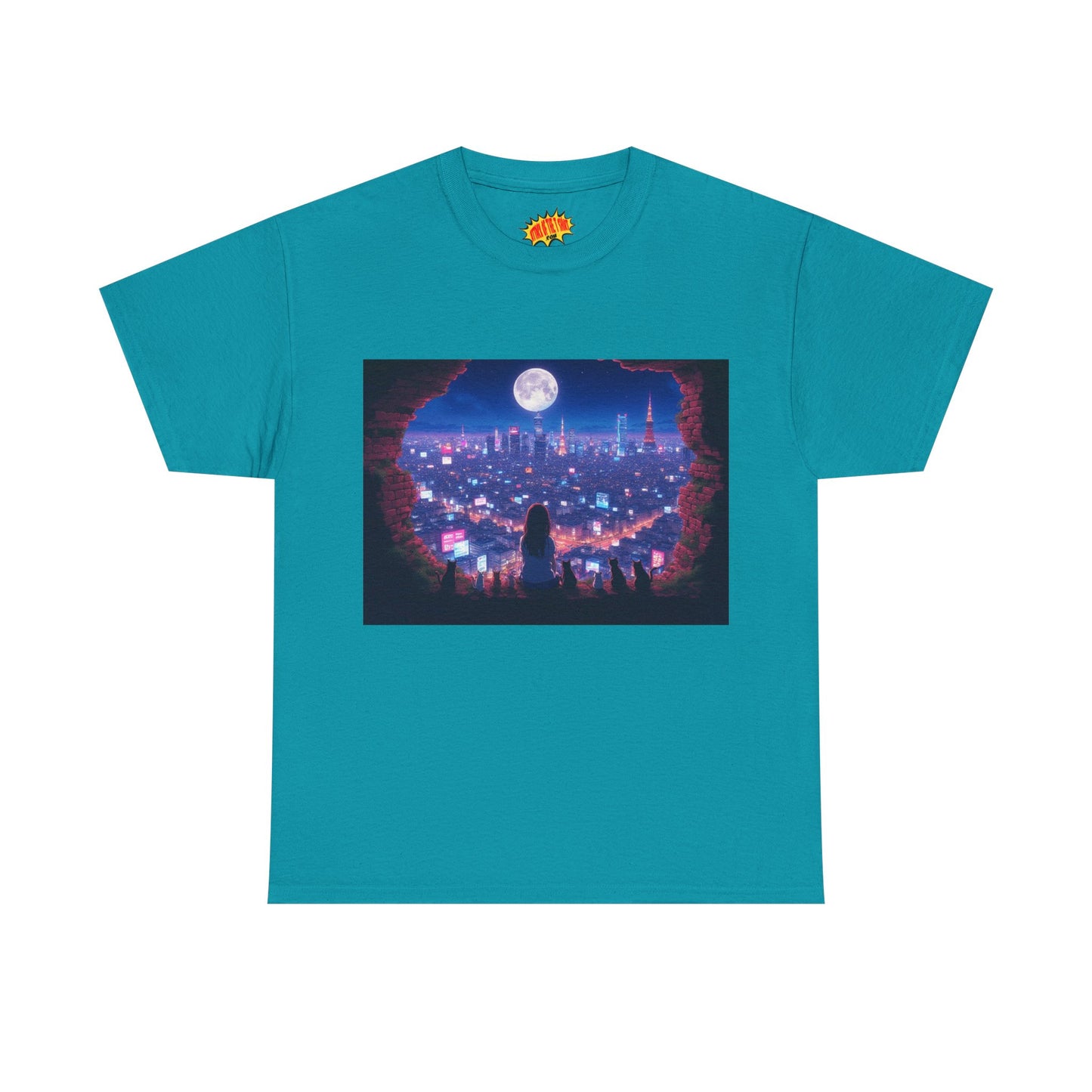 Neon Anime City Night Scene w/Girl & Cats T-Shirt *Multiple Colors*