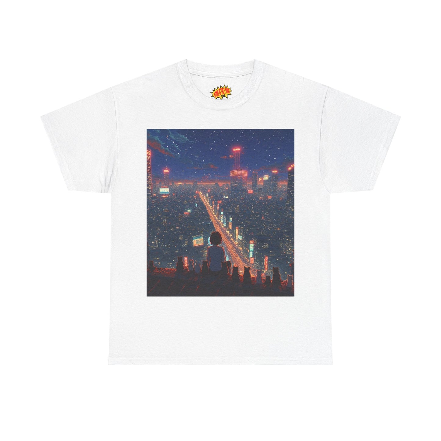 Nighttime Neon Anime City Scene w/Girl & Cats T-Shirt *Multiple Colors*
