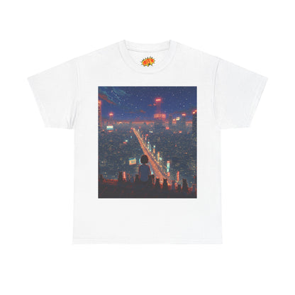 Nighttime Neon Anime City Scene w/Girl & Cats T-Shirt