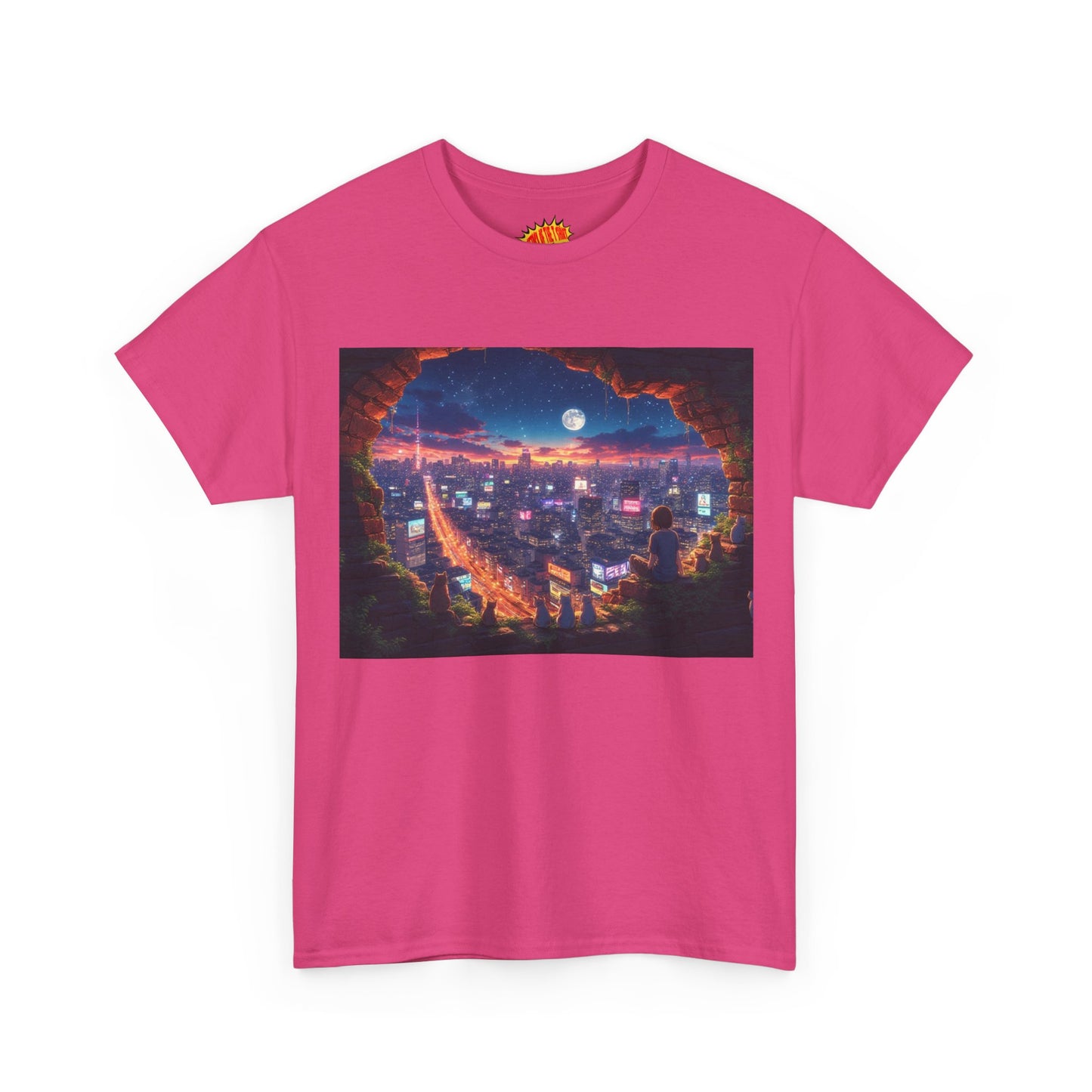 Anime Neon City Nighttime Scene w/Girl & Cats T-Shirt *Multiple Colors*
