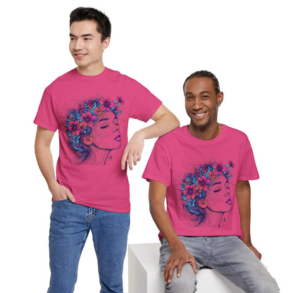 Multicolor Line Drawing Human Flower Graphic Art Tee Shirt
