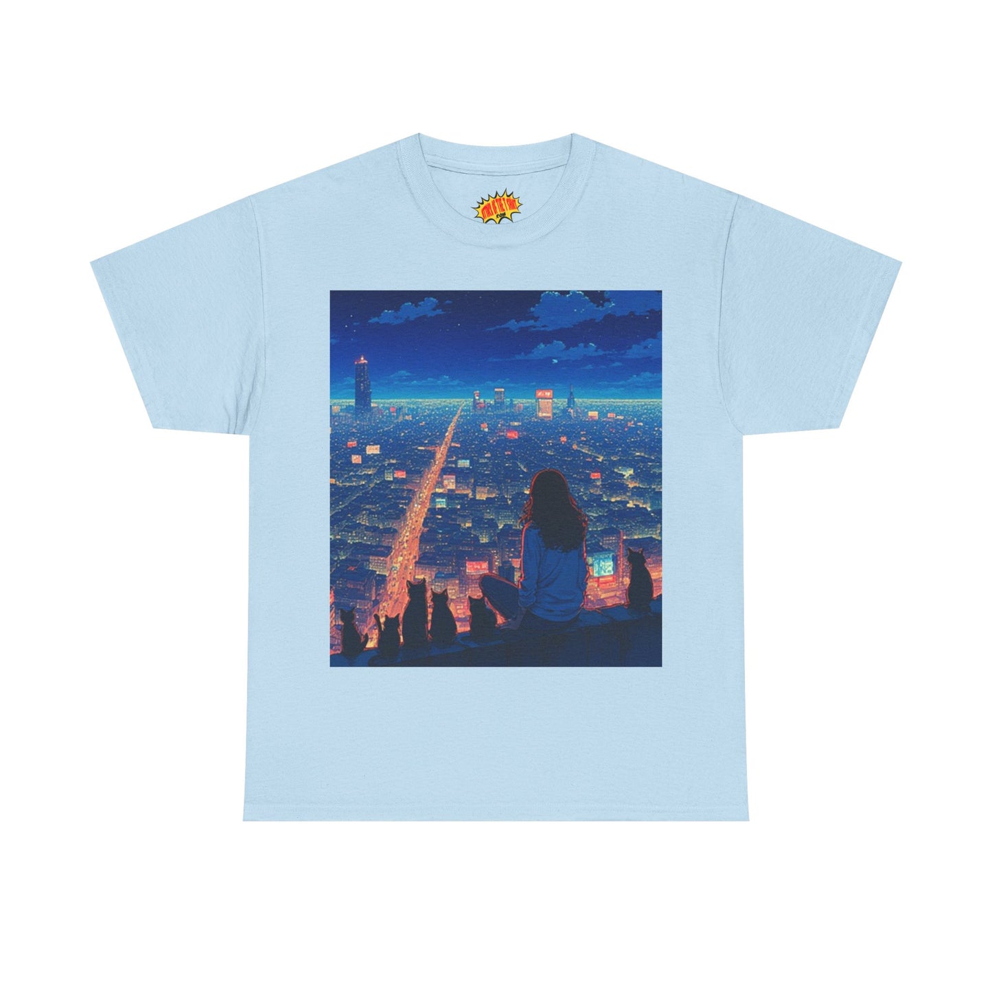 Anime Cityscape Night Sky Scene w/Girl & Cats T-Shirt *Multiple Colors*