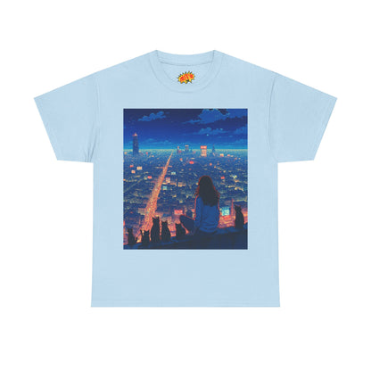 Anime Cityscape Night Sky Scene w/Girl & Cats T-Shirt