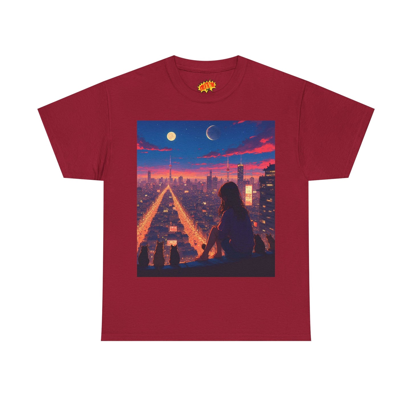 Anime City Twin Moon Scene w/Cats T-Shirt *Multiple Colors*