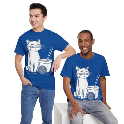 Happy Cat w/Noodles + Yarn Ball Art Drawing Tee Shirt