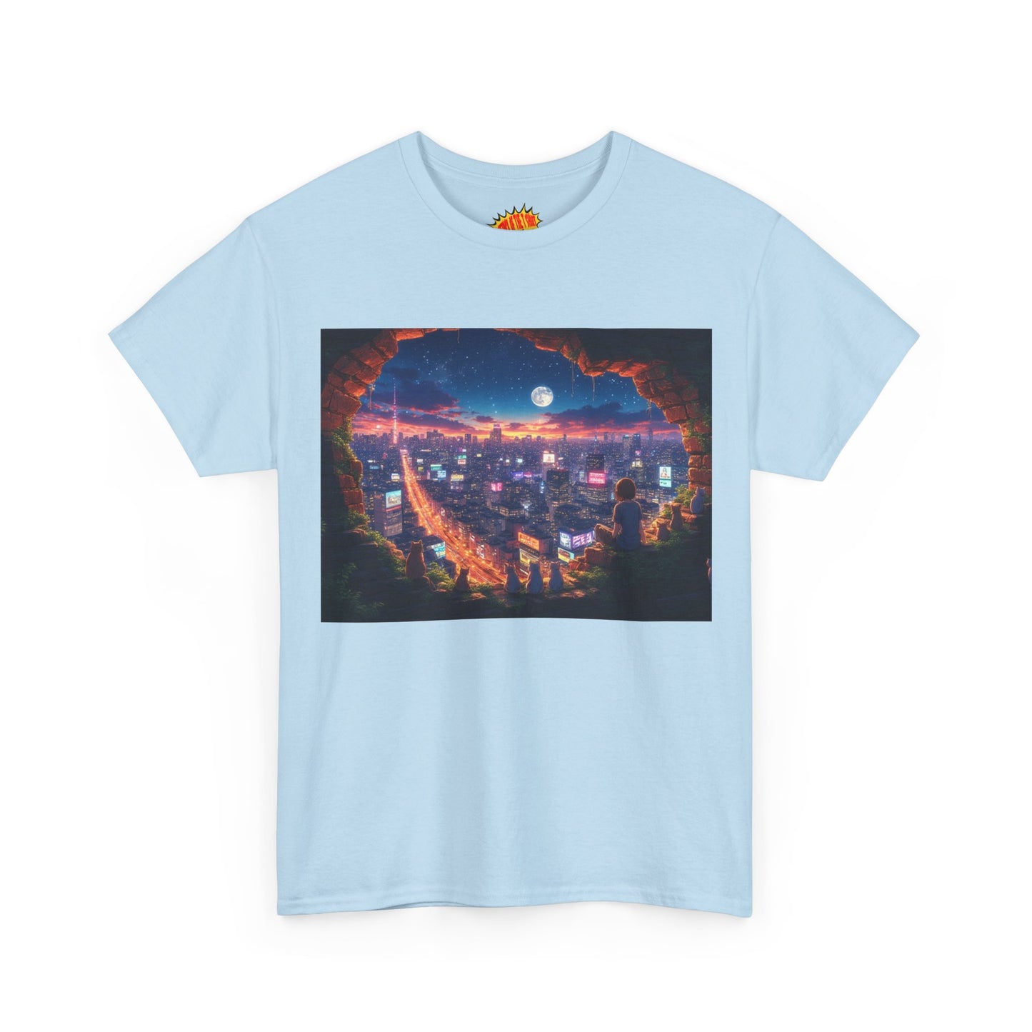 Anime Neon City Nighttime Scene w/Girl & Cats T-Shirt *Multiple Colors*