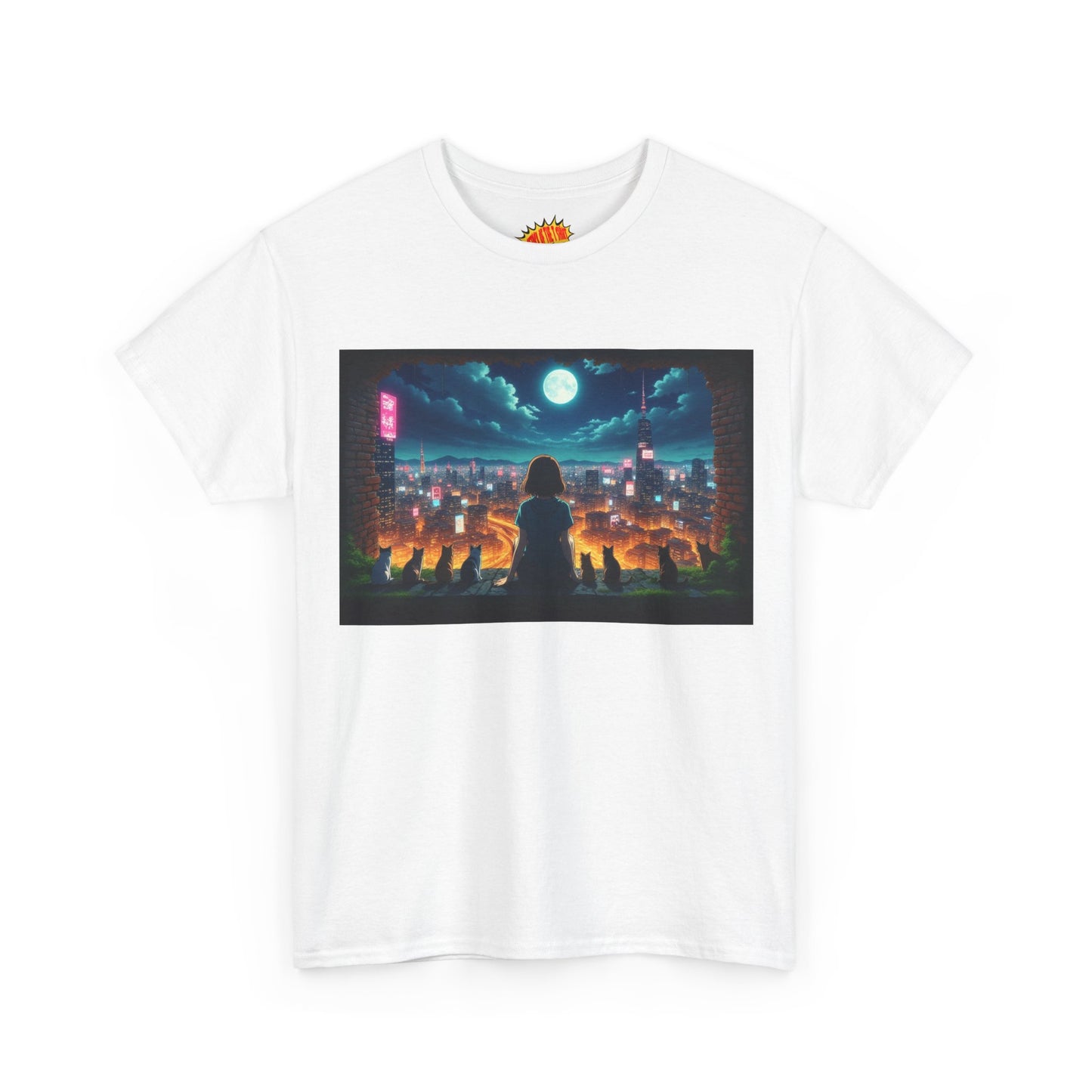 Anime Neon City Night Scene w/Girl & Cats T-Shirt *Multiple Colors*