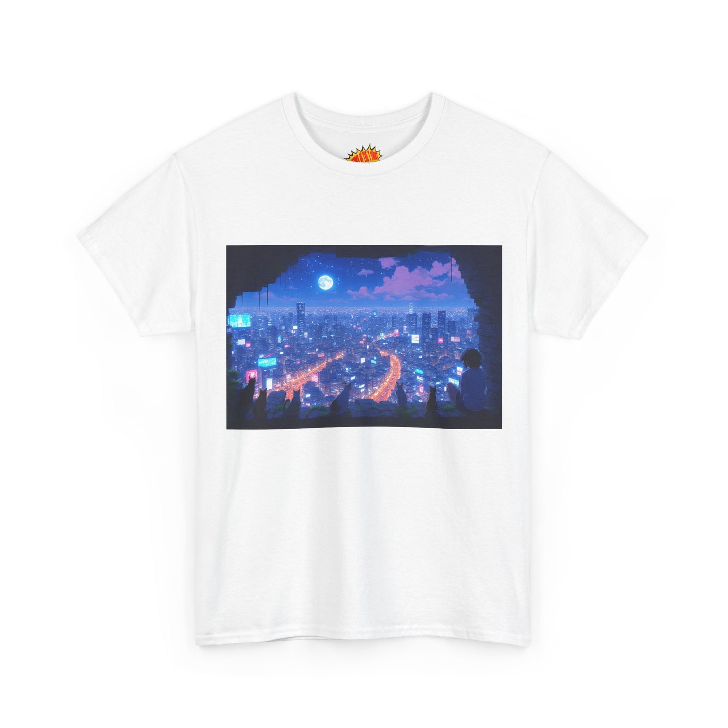 Anime Neon Cityscape Night Scene w/Girl & Cats T-Shirt *Multiple Colors*