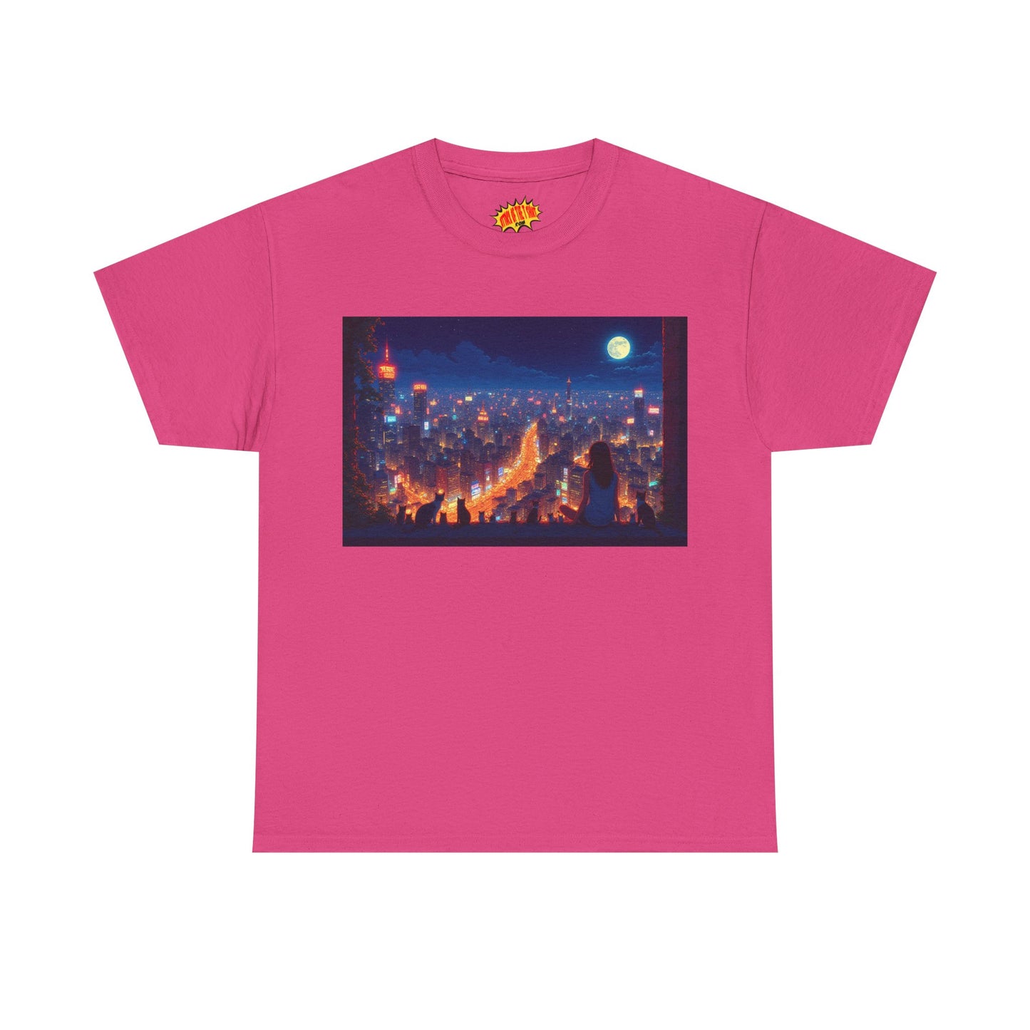 Anime City Night Scene w/Girl & Cats T-Shirt *Multiple Colors*