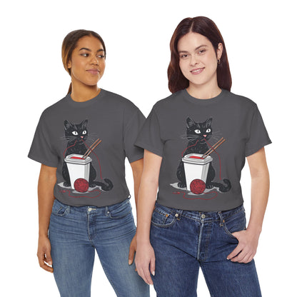 Black Cat w/Noodles + Yarn Ball Art Drawing Tee Shirt