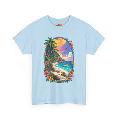 Tropical Beach Scene w/Oval Floral Frame T-Shirt