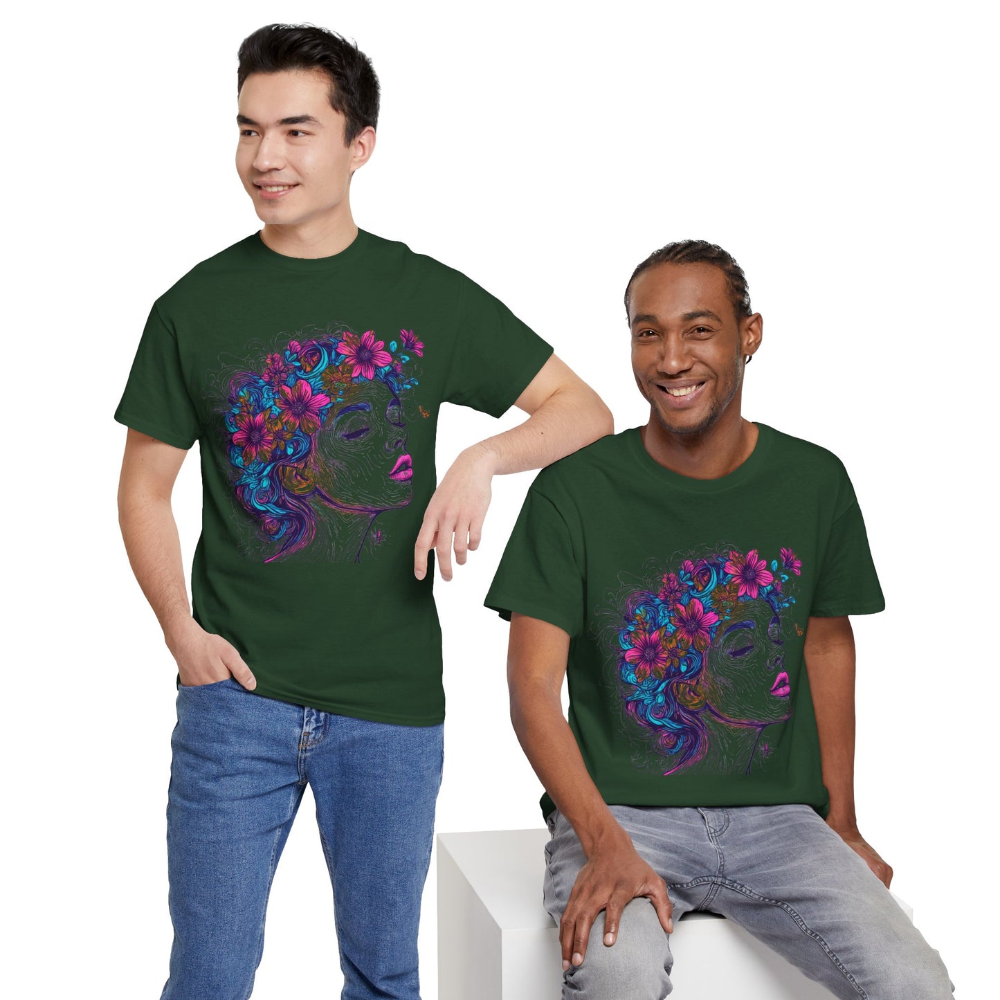 Multicolor Line Drawing Human Flower Graphic Art Tee Shirt *Multiple Colors*