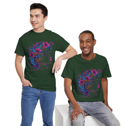 Multicolor Line Drawing Human Flower Graphic Art Tee Shirt