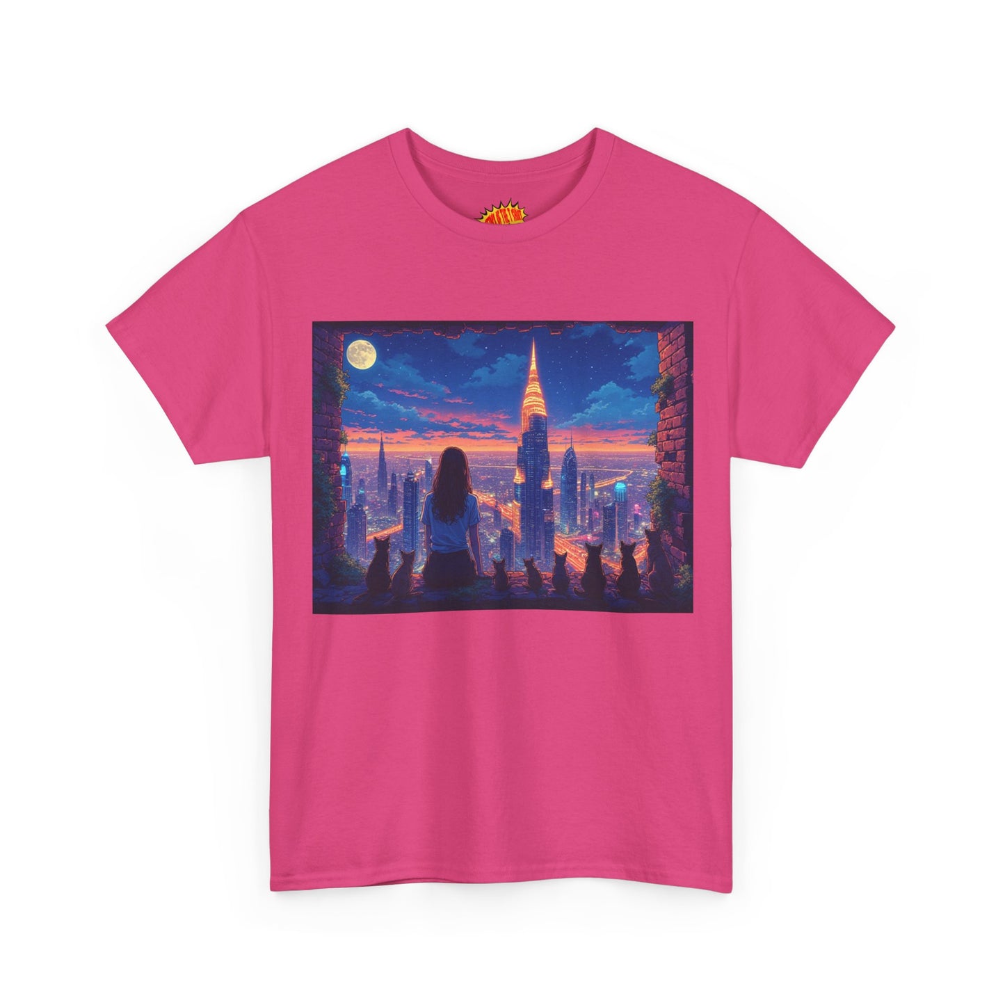 Anime Neon City Full Moon Scene w/Girl & Cats T-Shirt *Multiple Colors*
