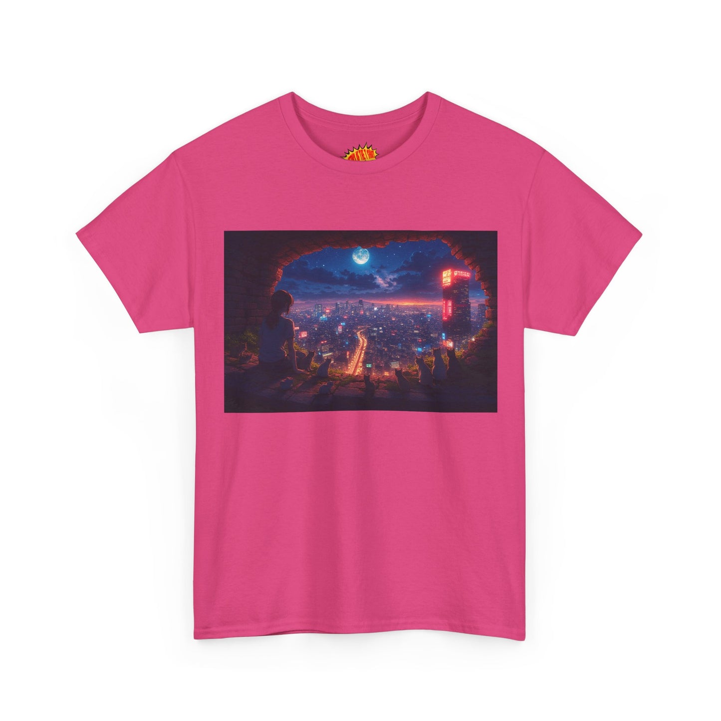 Anime Neon Cityscape Nighttime Scene w/Girl & Cats T-Shirt *Multiple Colors*