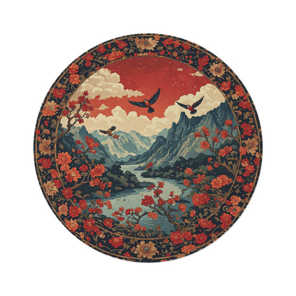 Oriental Style w/Birds + Flowers Rug - 60in Diameter Round Carpet 2