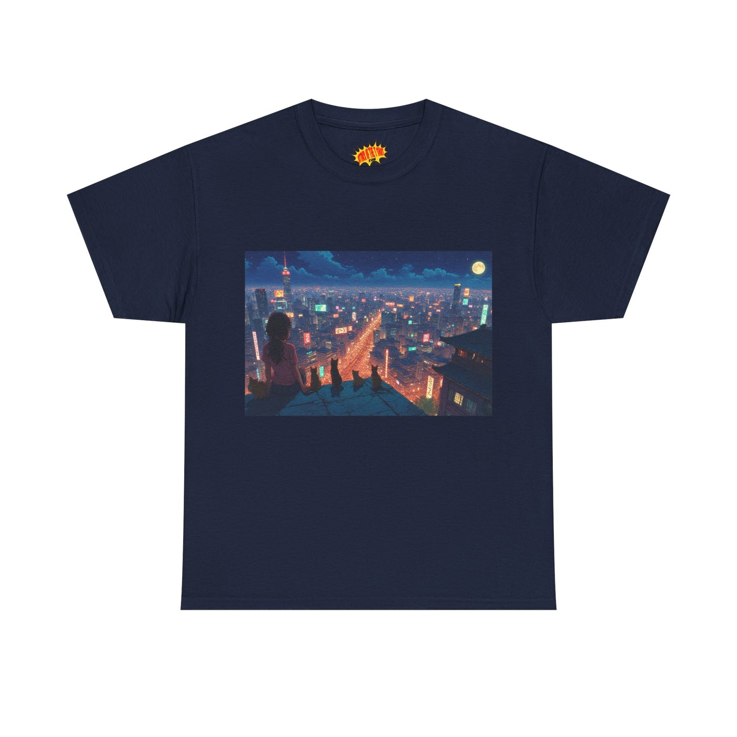 Anime Neon Cityscape Scene w/Girl & Cats T-Shirt *Multiple Colors*