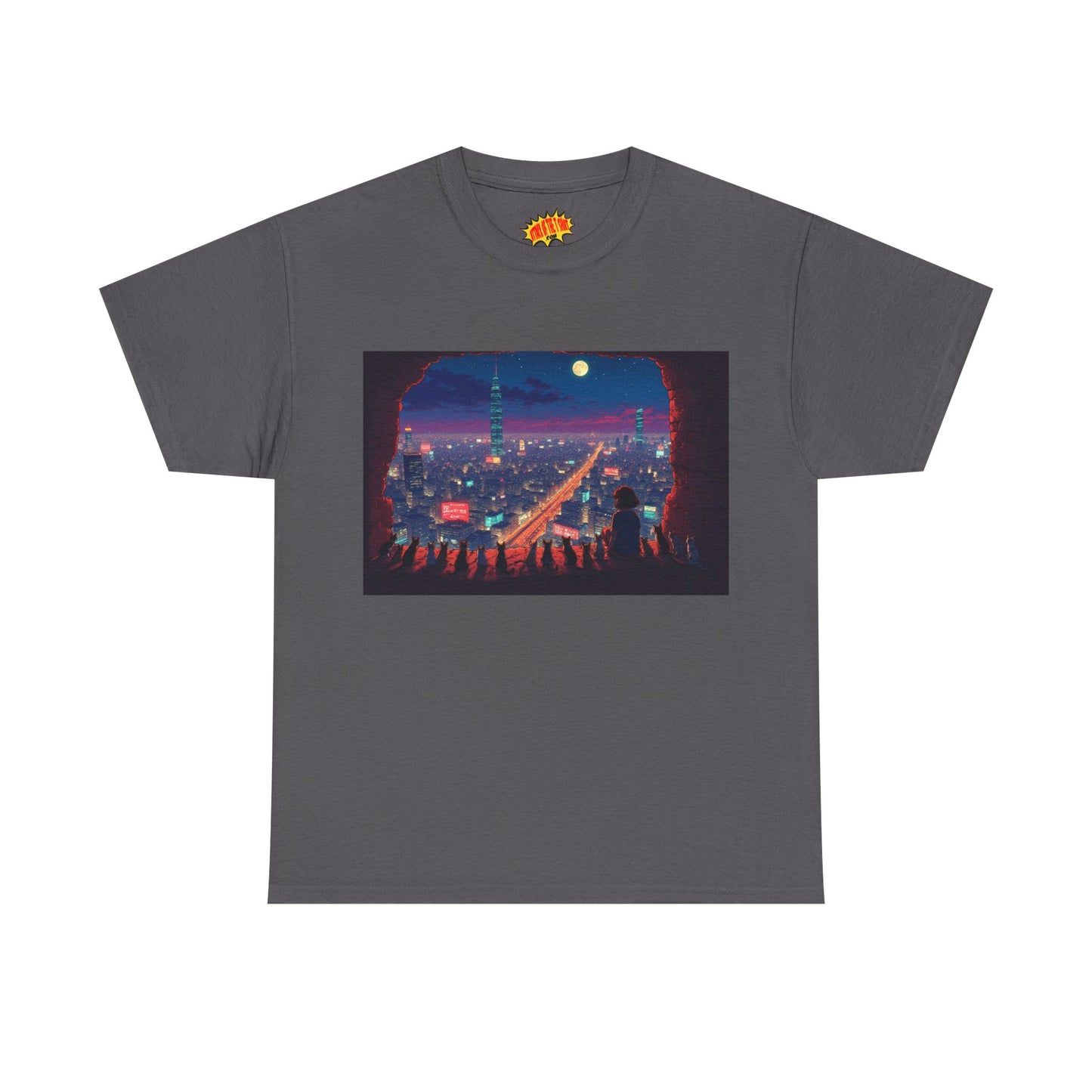 Anime Neon Cityscape Scene w/Cats T-Shirt *Multiple Colors*