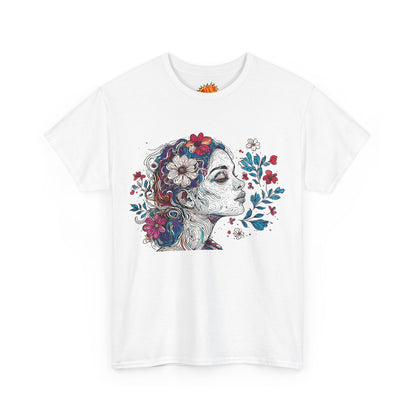 Multicolor Line Drawing Human Graphic Flower Art Tee Shirt
