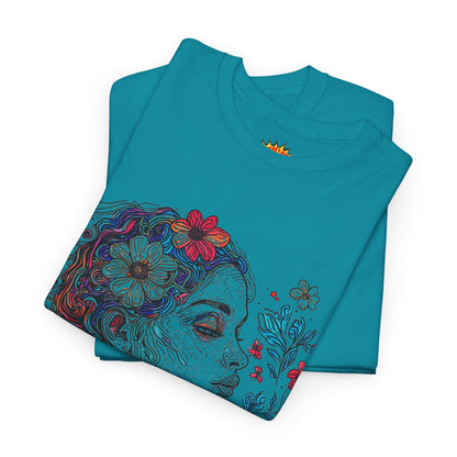 Multicolor Line Drawing Human Graphic Flower Art Tee Shirt