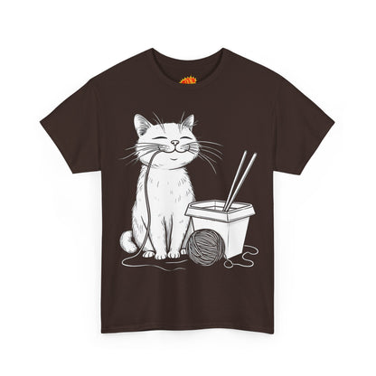 Happy Cat w/Noodles + Yarn Ball Art Drawing Tee Shirt
