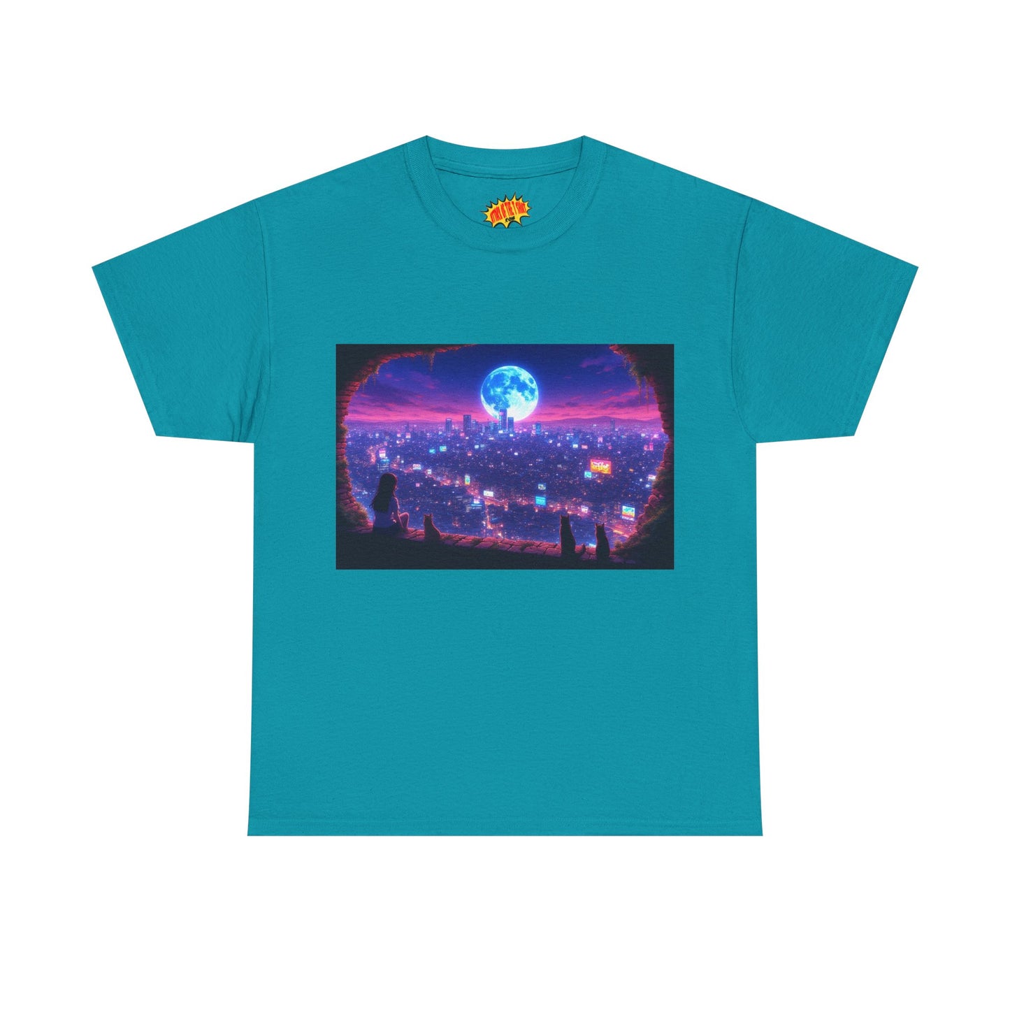 Neon Anime Cityscape Full Moon Scene w/Girl & Cats T-Shirt *Multiple Colors*