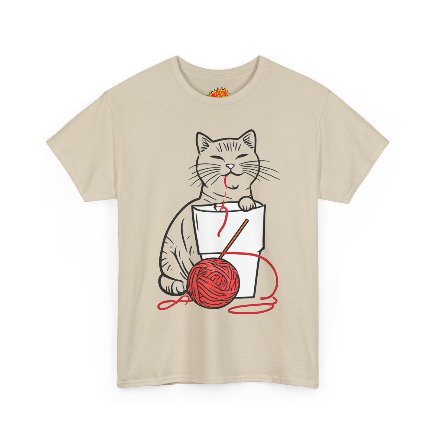 Cat w/Noodle Cup + Yarn Ball Art Drawing Tee Shirt *Multiple Colors*