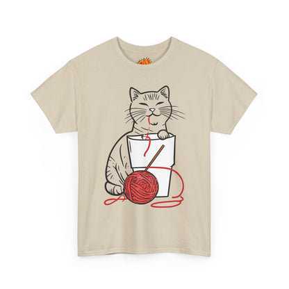 Cat w/Noodle Cup + Yarn Ball Art Drawing Tee Shirt