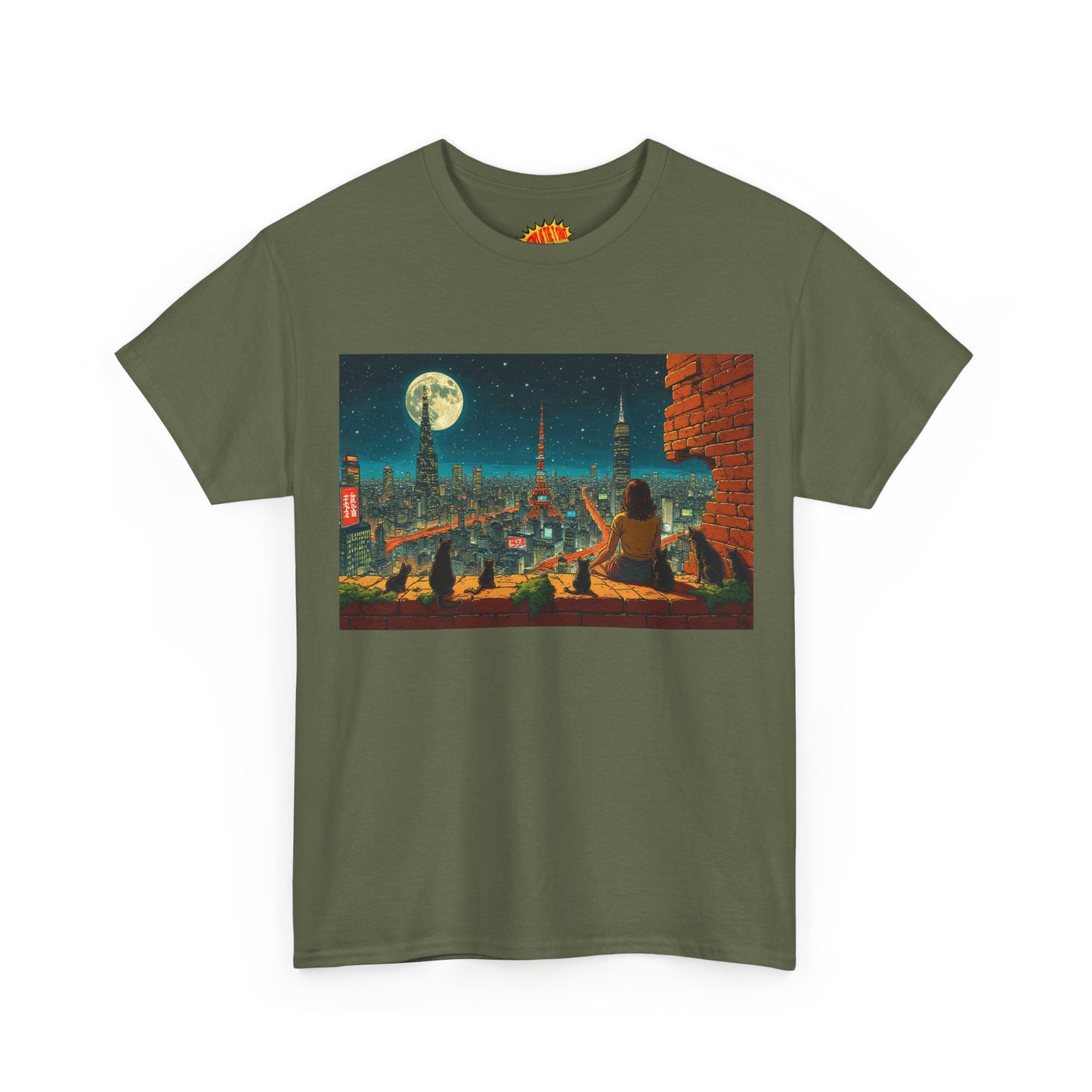 Anime Cityscape Full Moon Scene w/Girl & Cats T-Shirt *Multiple Colors*
