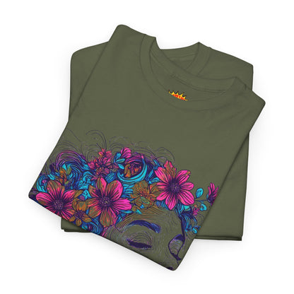 Multicolor Line Drawing Human Flower Graphic Art Tee Shirt