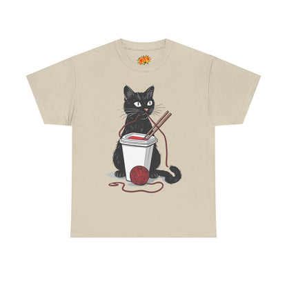 Black Cat w/Noodles + Yarn Ball Art Drawing Tee Shirt