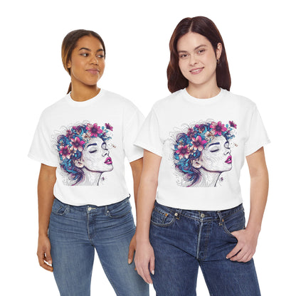 Multicolor Line Drawing Human Flower Graphic Art Tee Shirt