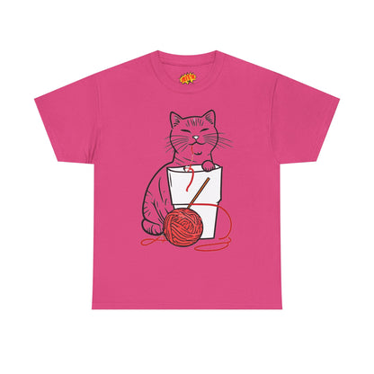 Cat w/Noodle Cup + Yarn Ball Art Drawing Tee Shirt