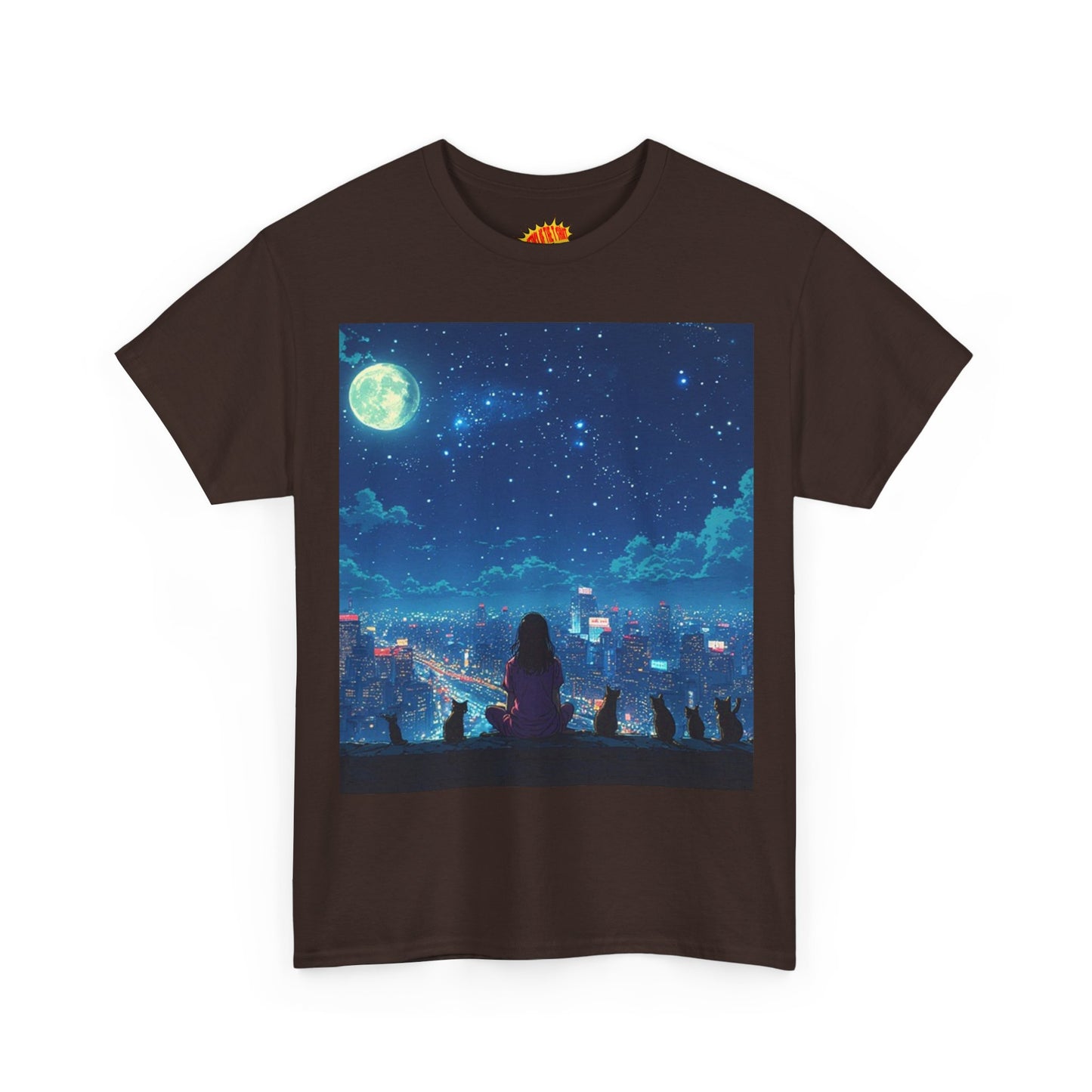 Anime Full Moon City Scene w/Girl & Cats T-Shirt *Multiple Colors*