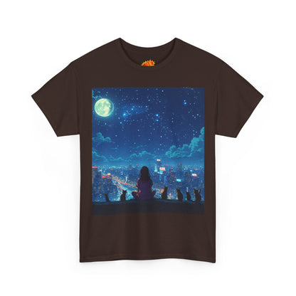 Anime Full Moon City Scene w/Girl & Cats T-Shirt
