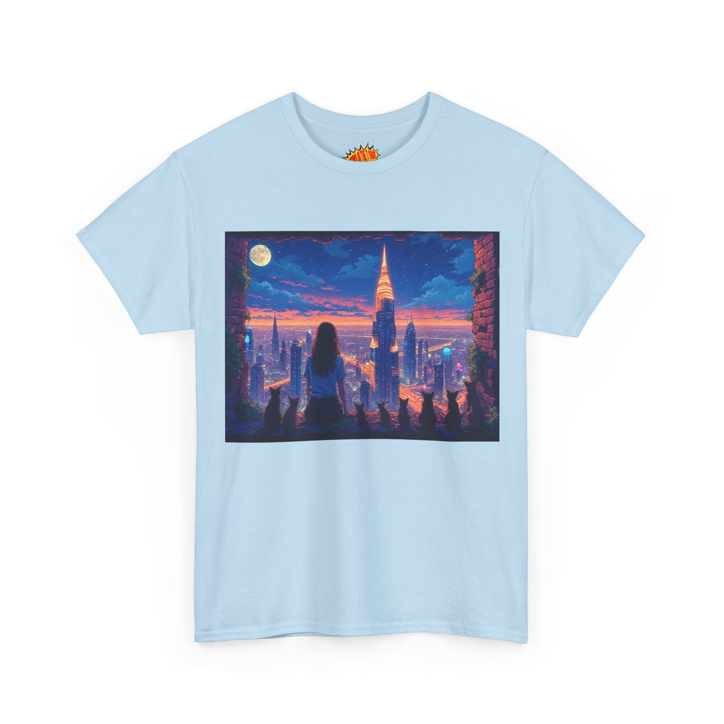 Anime Neon City Full Moon Scene w/Girl & Cats T-Shirt *Multiple Colors*
