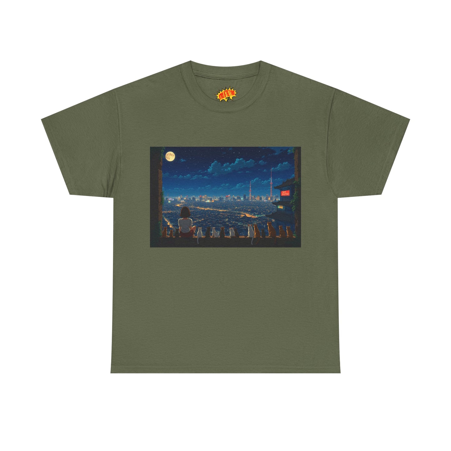 Anime City Night Sky Scene w/Girl & Cats T-Shirt *Multiple Colors*