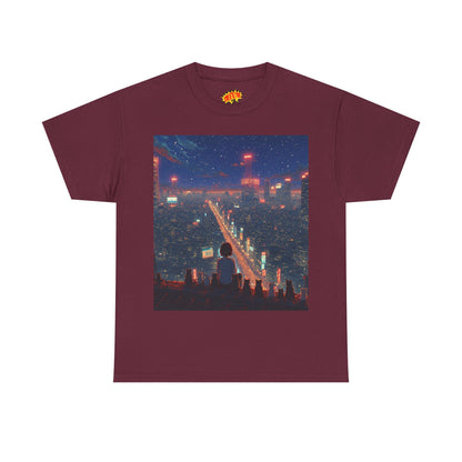 Nighttime Neon Anime City Scene w/Girl & Cats T-Shirt
