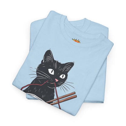 Black Cat w/Noodles + Yarn Ball Art Drawing Tee Shirt