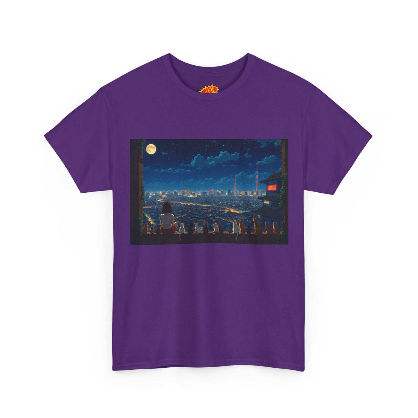 Anime City Night Sky Scene w/Girl & Cats T-Shirt *Multiple Colors*
