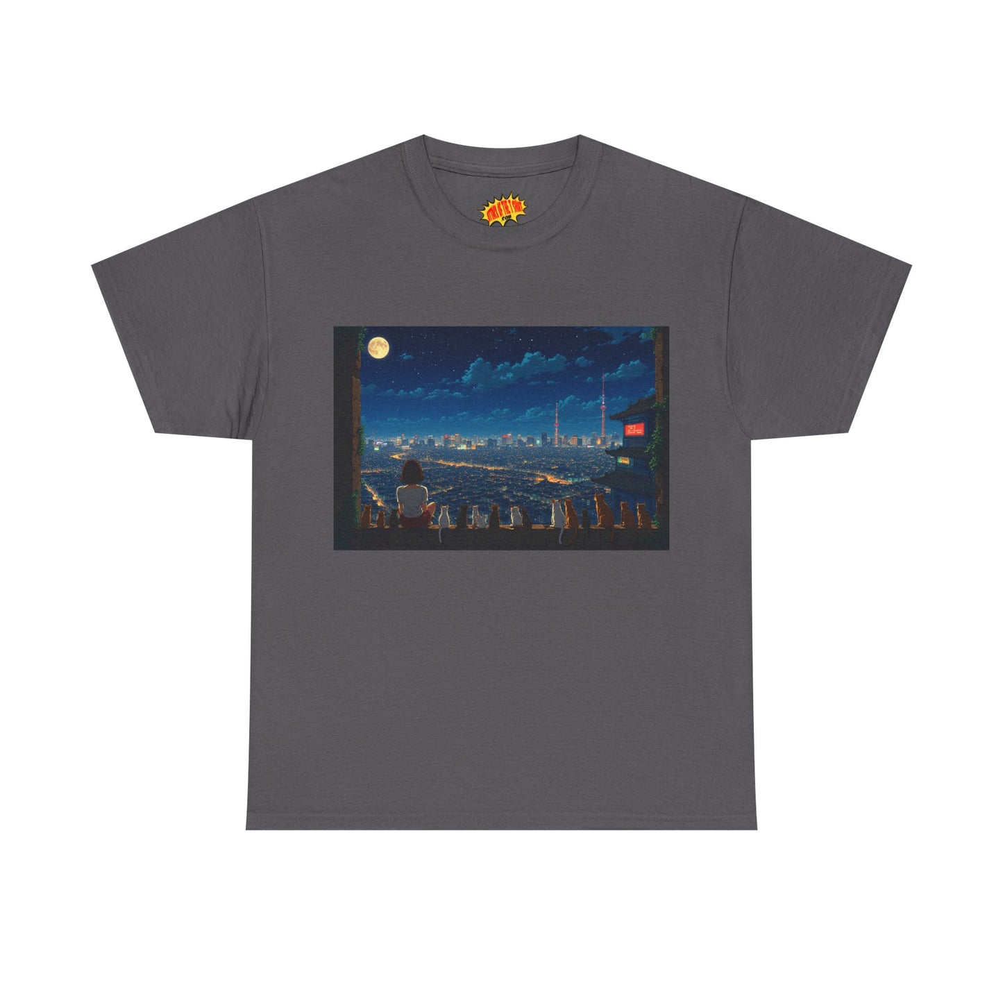 Anime City Night Sky Scene w/Girl & Cats T-Shirt *Multiple Colors*
