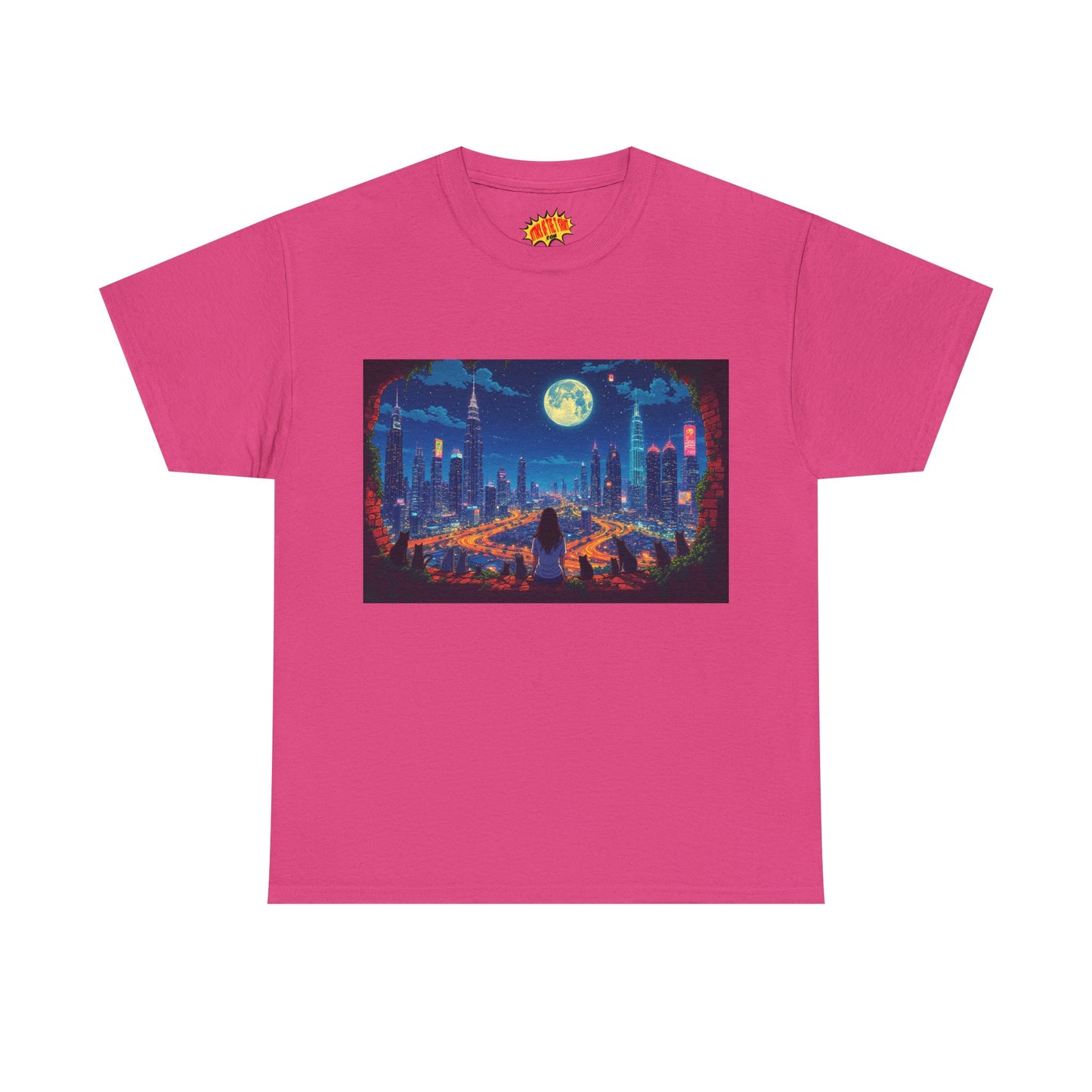 Anime City Night Scene w/Girl & Cats T-Shirt *Multiple Colors*