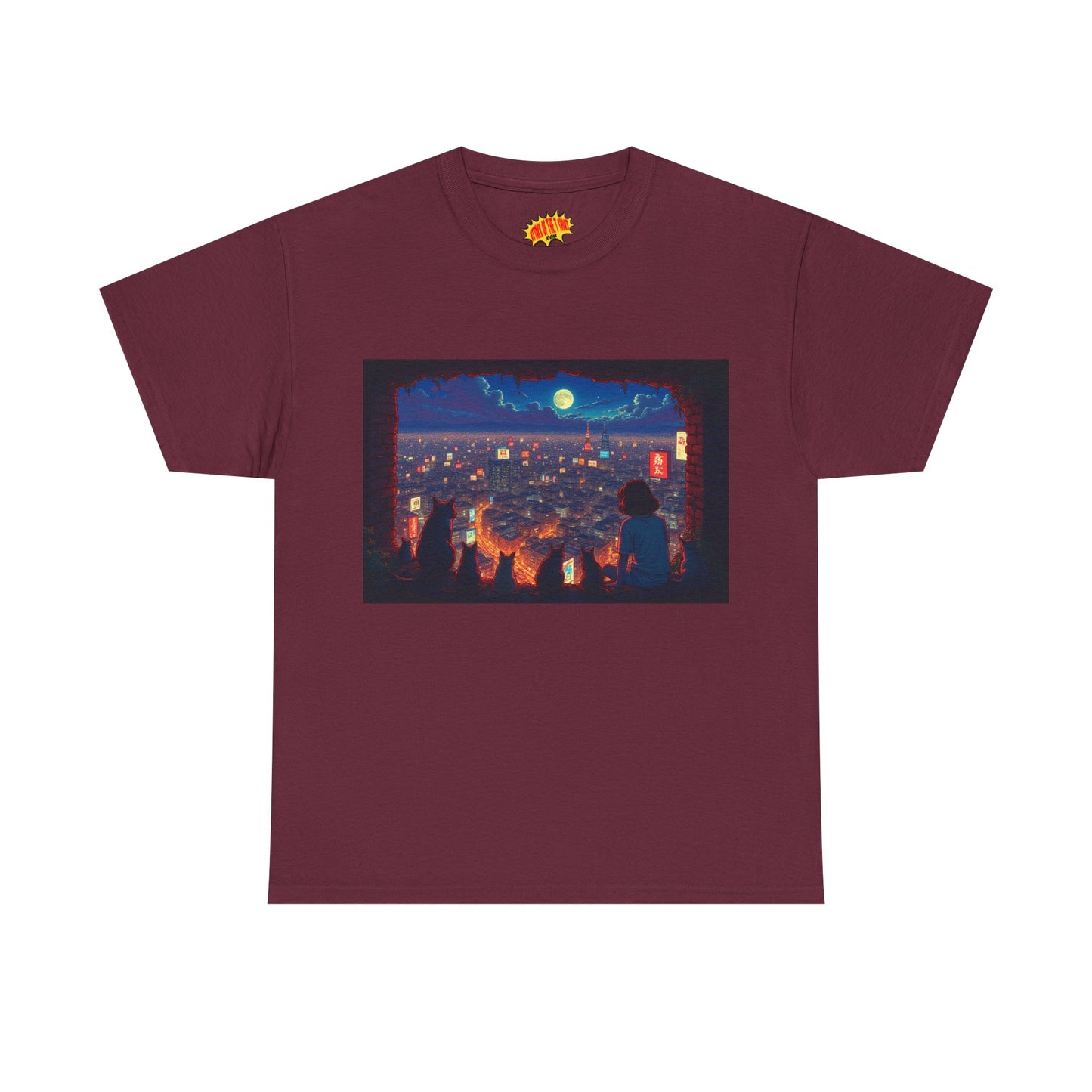 Cityscape Anime Nighttime Scene w/Girl & Cats T-Shirt *Multiple Colors*