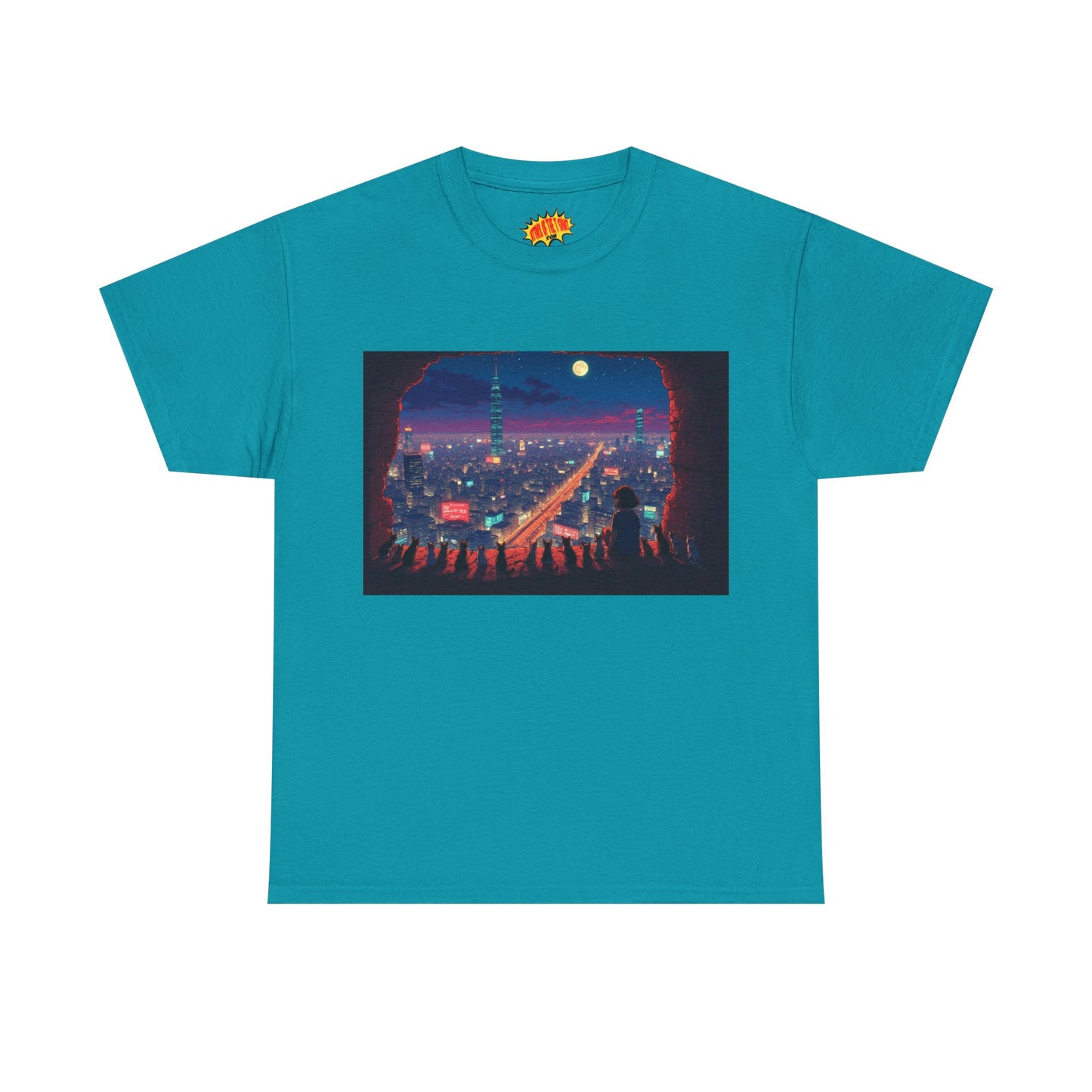 Anime Neon Cityscape Scene w/Cats T-Shirt *Multiple Colors*