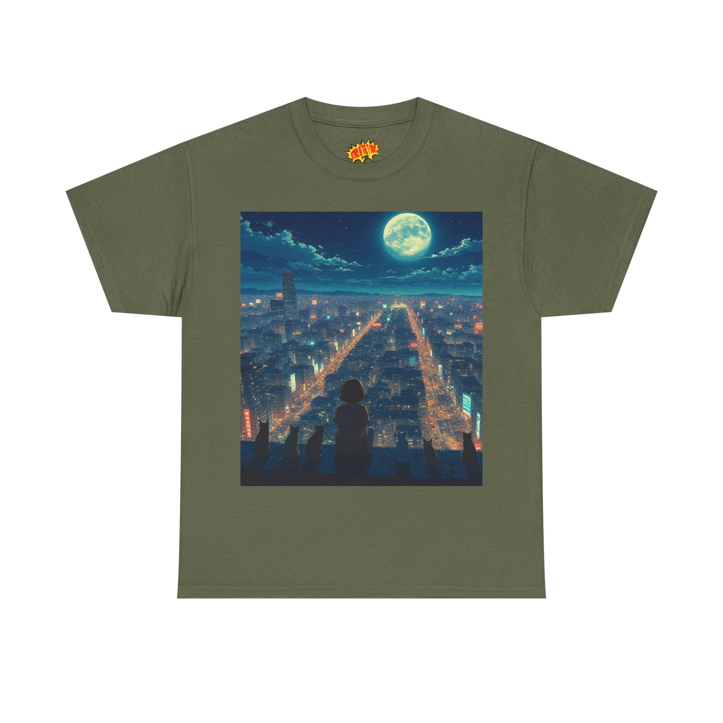 Anime City Full Moon Scene w/Girl & Cats T-Shirt *Multiple Colors*