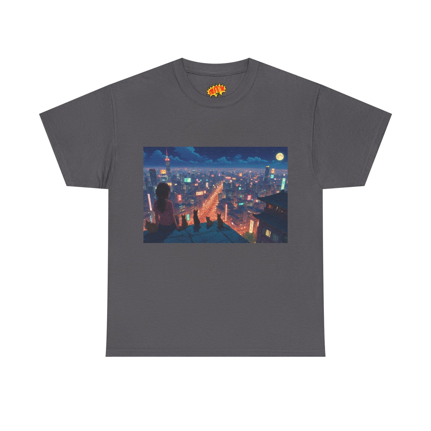 Anime Neon Cityscape Scene w/Girl & Cats T-Shirt *Multiple Colors*
