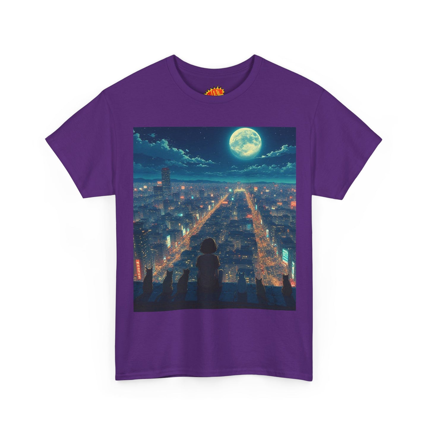 Anime City Full Moon Scene w/Girl & Cats T-Shirt *Multiple Colors*