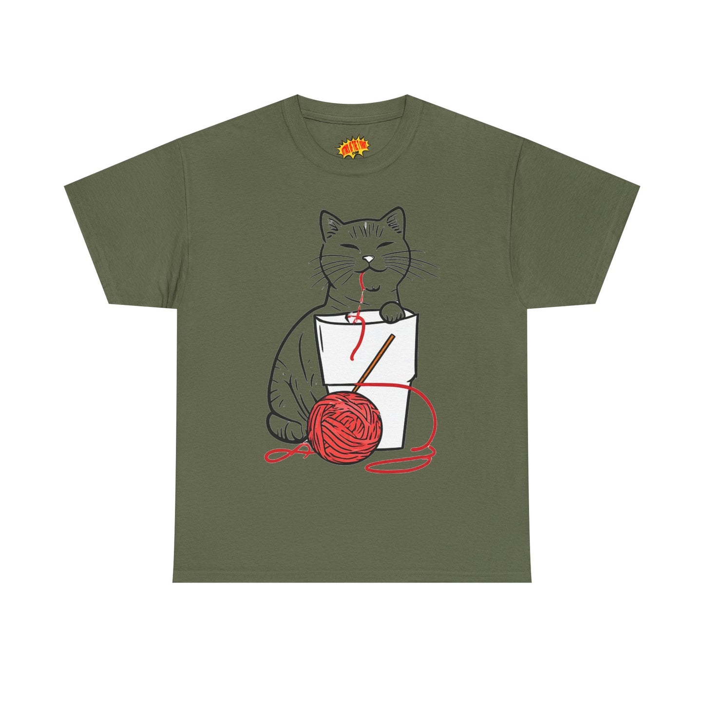 Cat w/Noodle Cup + Yarn Ball Art Drawing Tee Shirt *Multiple Colors*