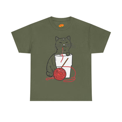 Cat w/Noodle Cup + Yarn Ball Art Drawing Tee Shirt